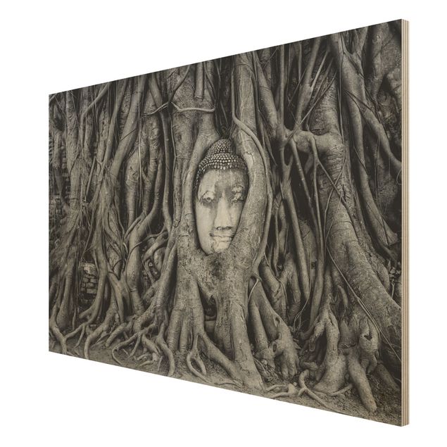 Holzbild - Buddha in Ayutthaya von Baumwurzeln gesäumt in Schwarzweiß - Quer 3:2