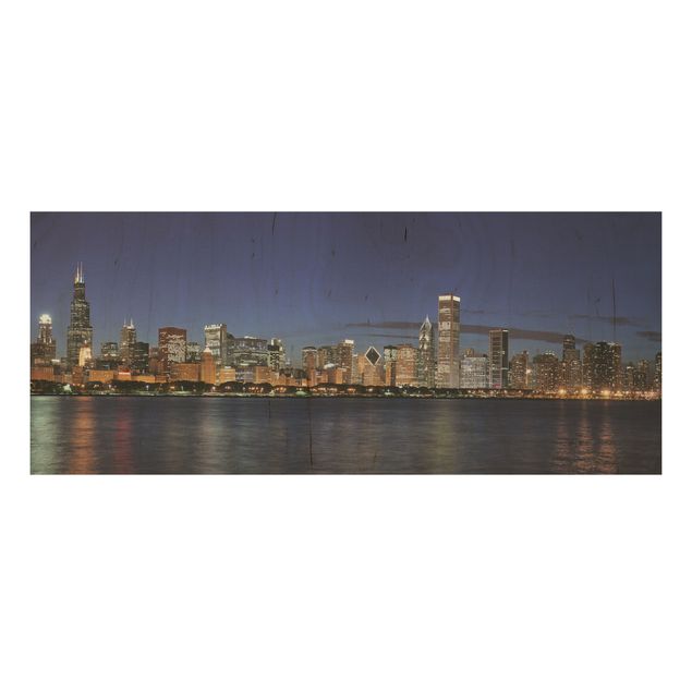 Holz Wandbild - Chicago Skyline bei Nacht - Panorama Quer