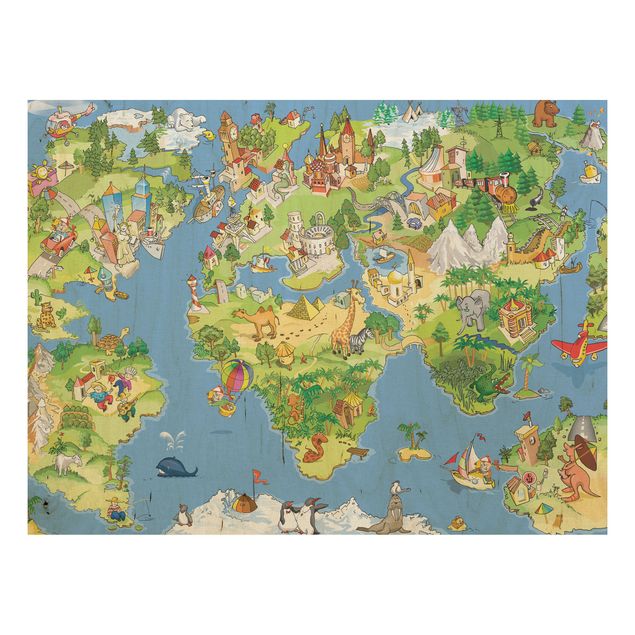 Holzbild Weltkarte - Great and funny Worldmap - Quer 4:3