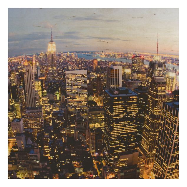 Holzbild - New York Skyline bei Nacht - Quadrat 1:1