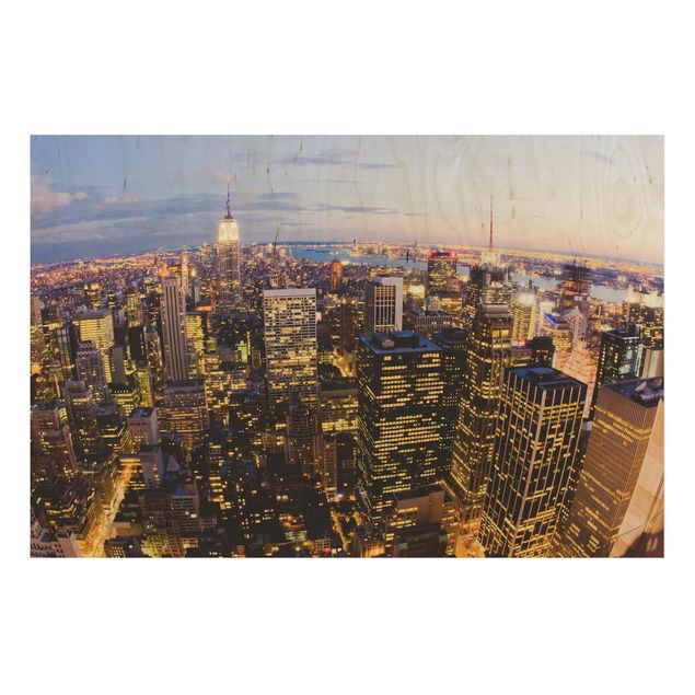 Holzbild - New York Skyline bei Nacht - Quer 3:2