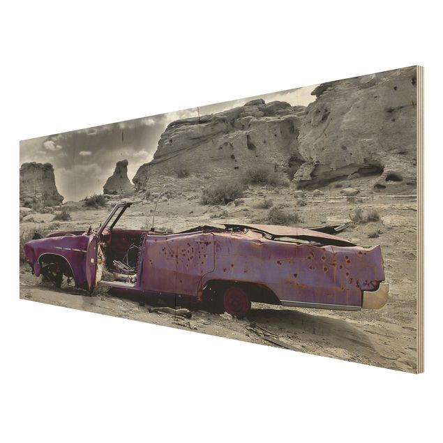 Wandbild Holz - Pink Cadillac - Panorama Quer