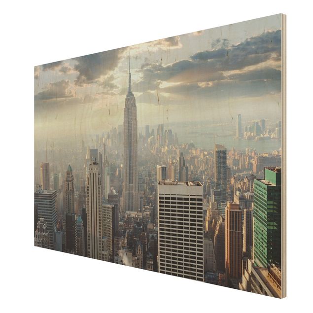 Holz Wandbild - Sonnenaufgang in New York - Quer 3:2