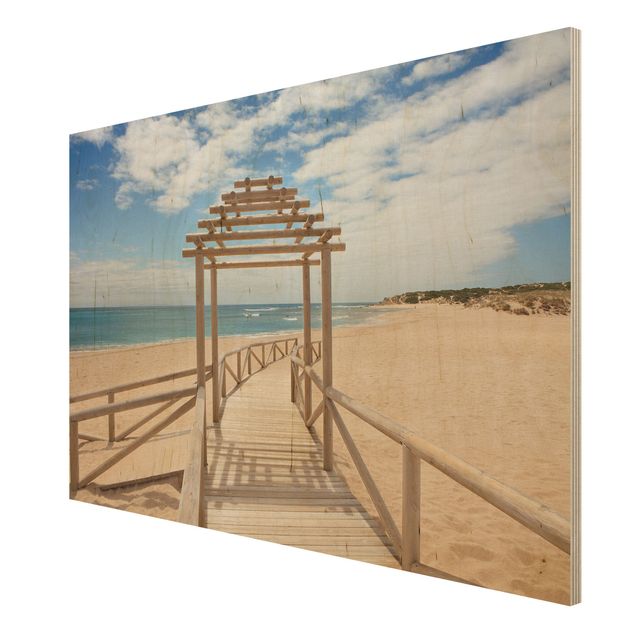 Holzbild Strand - Strandpfad zum Meer in Andalusien - Quer 3:2