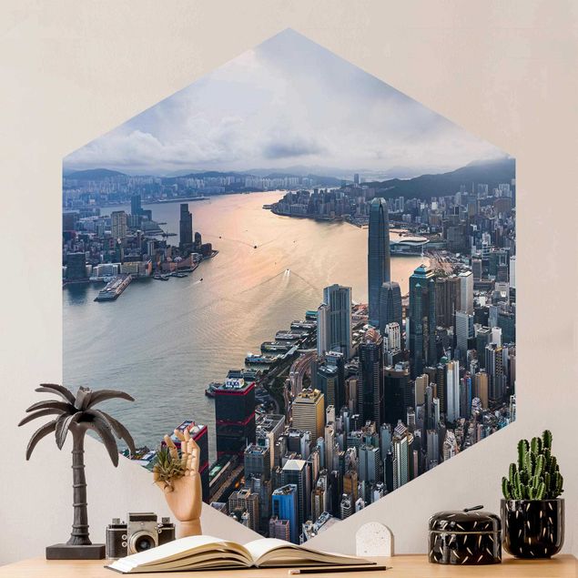 Hexagon Fototapete selbstklebend - Hongkong bei Sonnenaufgang