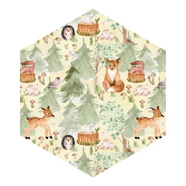Hexagon Mustertapete selbstklebend - Igel und Fuchs mit Bäumen Grün