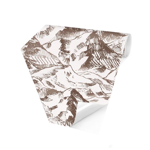 Hexagon Mustertapete selbstklebend - Illustration Berglandschaft Sepia