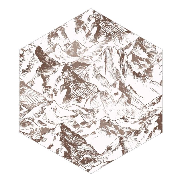 Hexagon Fototapete selbstklebend - Illustration Berglandschaft Sepia