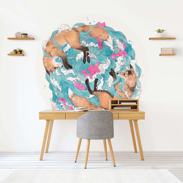 Runde Tapete selbstklebend - Illustration Füchse und Wellen Malerei