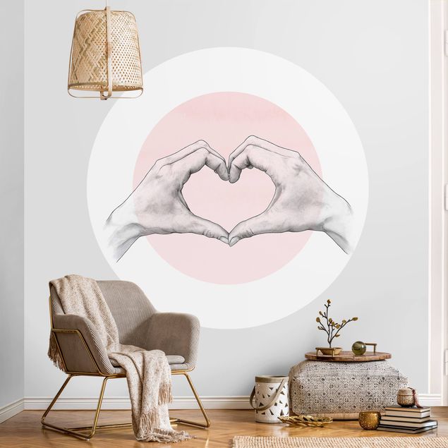 Runde Tapete selbstklebend - Illustration Herz Hände Kreis Rosa Weiß