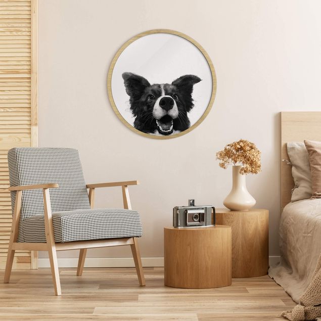 Rundes Gerahmtes Bild - Illustration Hund Border Collie Schwarz Weiß Malerei