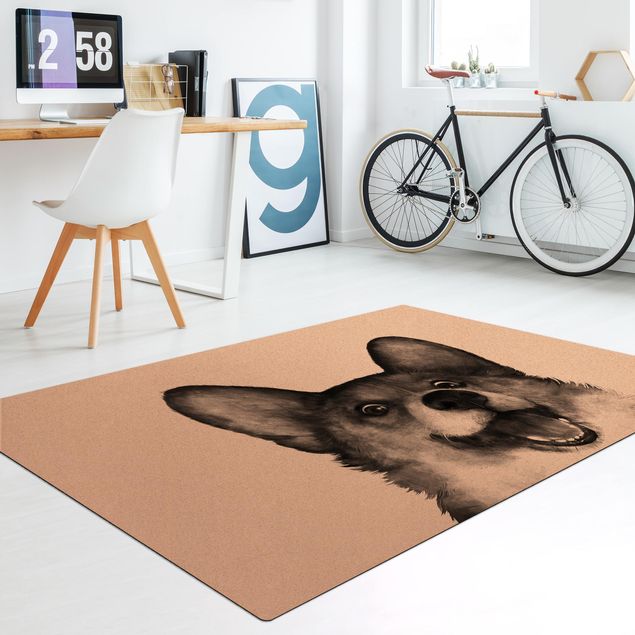 Teppich Esszimmer Illustration Hund Corgi Weiß Schwarz Malerei