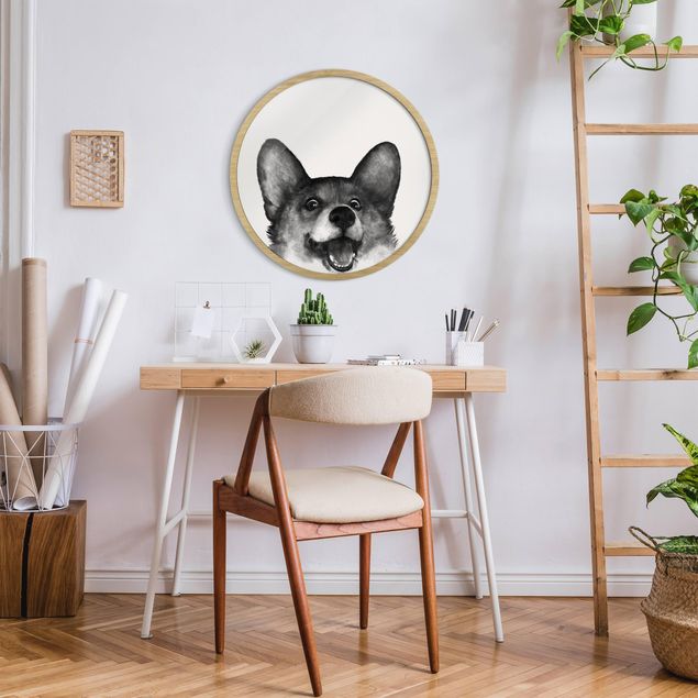Rundes Gerahmtes Bild - Illustration Hund Corgi Weiß Schwarz Malerei