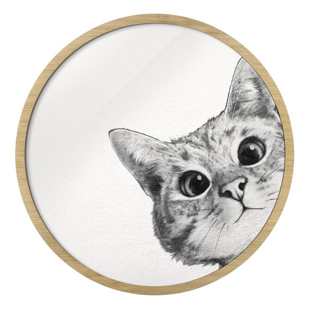 Rundes Gerahmtes Bild - Illustration Katze Zeichnung Schwarz Weiß