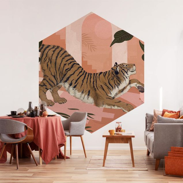 Hexagon Mustertapete selbstklebend - Illustration Tiger in Pastell Rosa Malerei