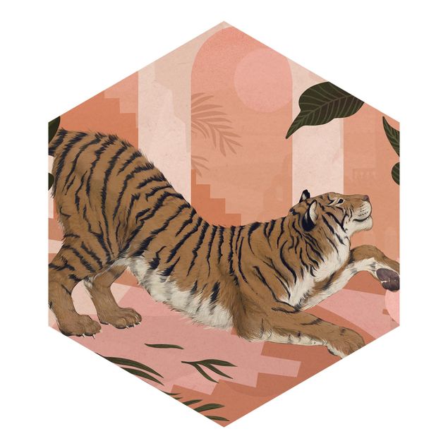 Hexagon Mustertapete selbstklebend - Illustration Tiger in Pastell Rosa Malerei
