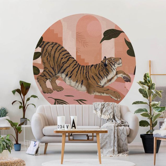 Runde Tapete selbstklebend - Illustration Tiger in Pastell Rosa Malerei