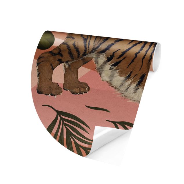 Runde Tapete selbstklebend - Illustration Tiger in Pastell Rosa Malerei