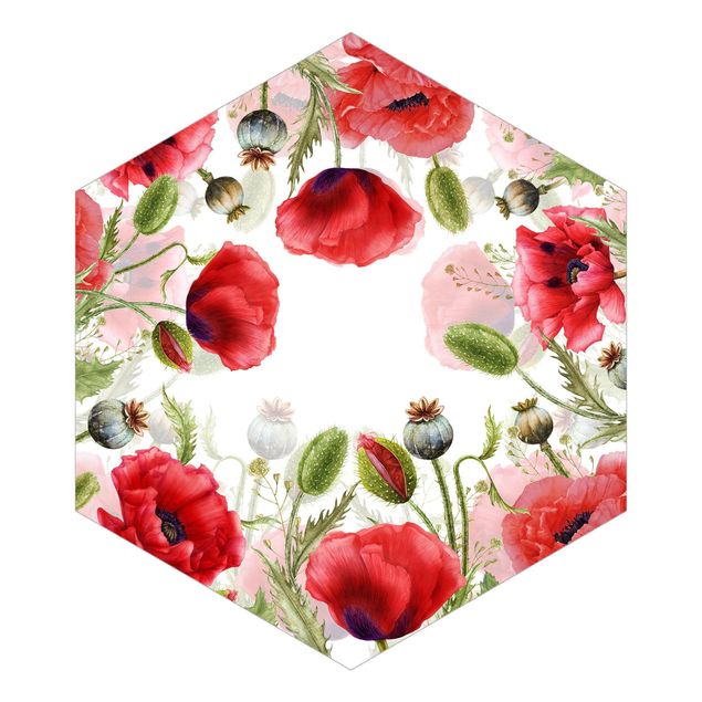 Hexagon Mustertapete selbstklebend - Illustrierte Mohnblumen