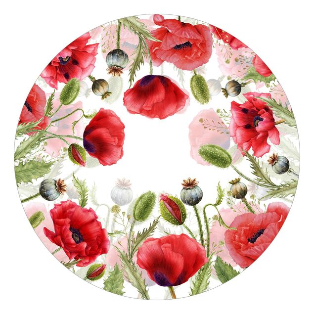Runde Tapete selbstklebend - Illustrierte Mohnblumen
