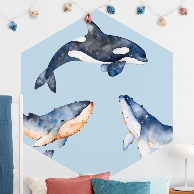 Hexagon Mustertapete selbstklebend - Illustrierte Wale als Aquarell