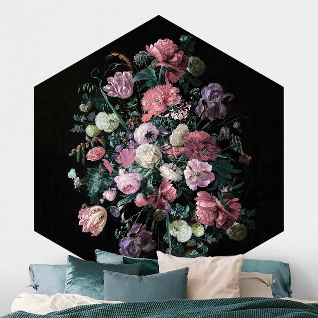 Hexagon Mustertapete selbstklebend - Jan Davidsz de Heem - Dunkles Blumenbouquet