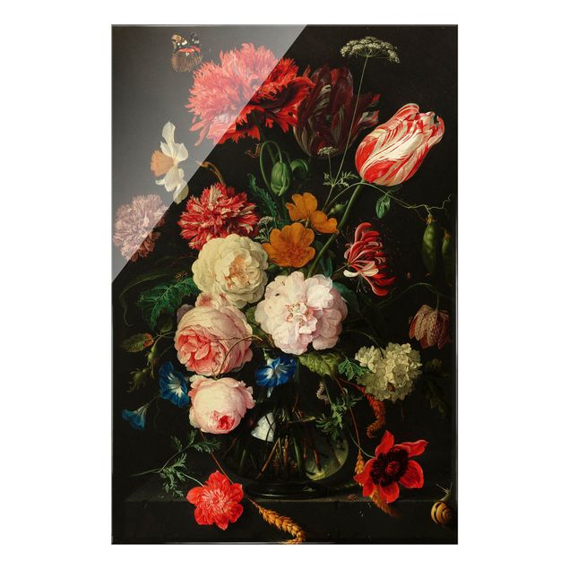 Glasbild - Jan Davidsz de Heem - Stillleben mit Blumen in einer Glasvase - Hochformat 3:2