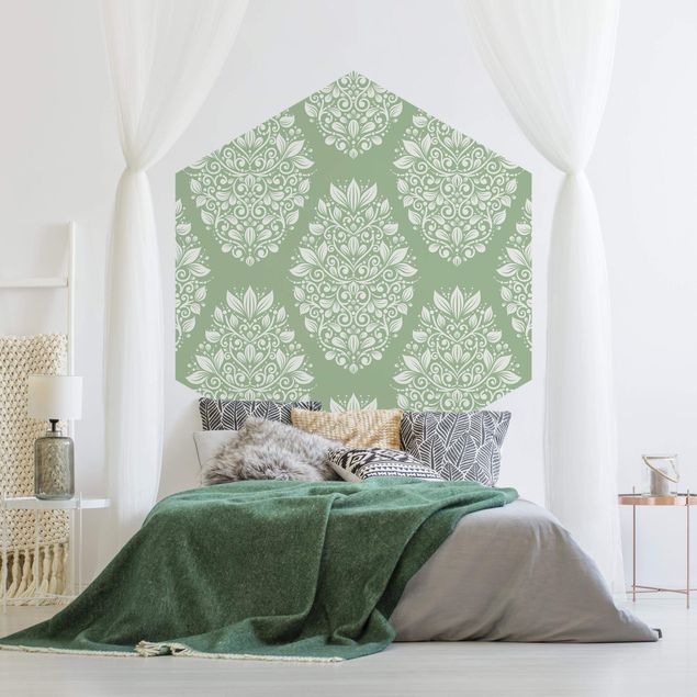 Hexagon Mustertapete selbstklebend - Jugendstil Muster auf Grün