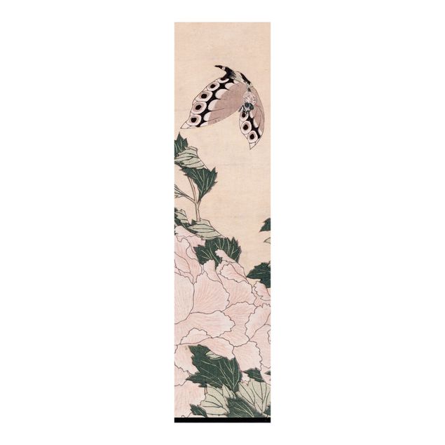 Schiebegardinen Set - Katsushika Hokusai - Rosa Pfingstrosen mit Schmetterling - Flächenvorhang