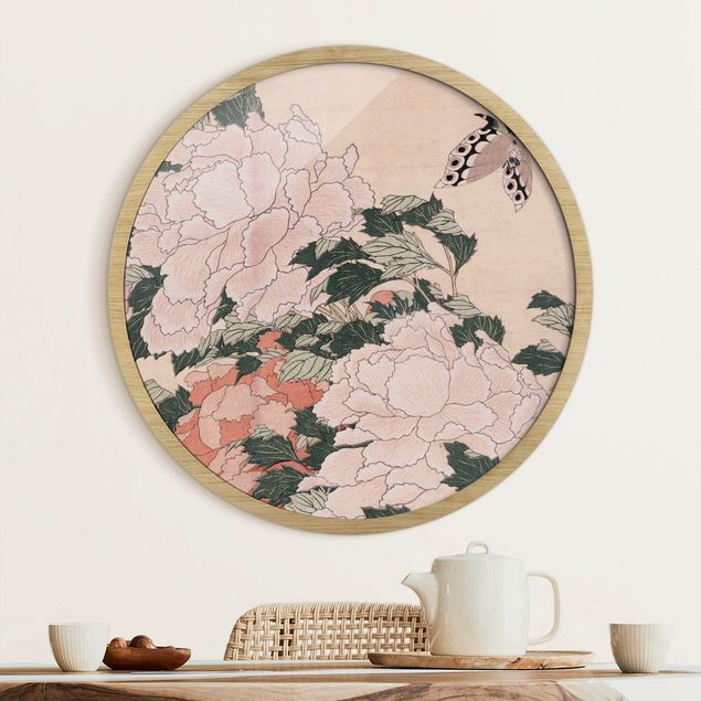 Runde Bilder mit Rahmen Katsushika Hokusai - Rosa Pfingstrosen mit Schmetterling