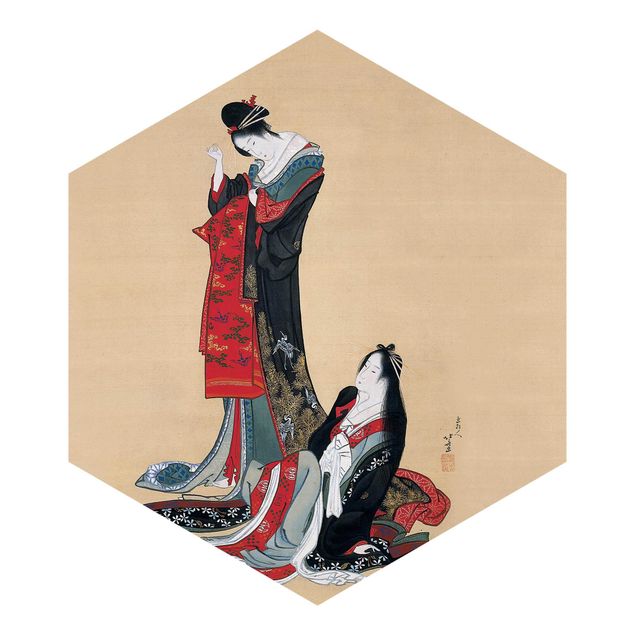 Hexagon Mustertapete selbstklebend - Katsushika Hokusai - Zwei Kurtisanen