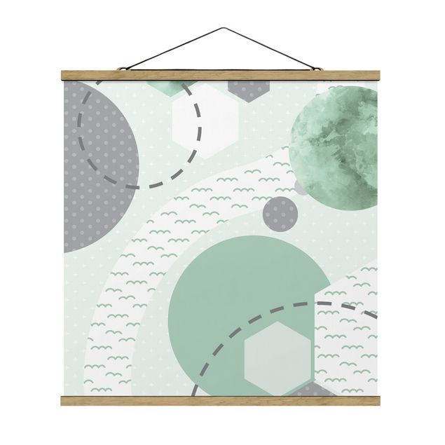 Stoffbild mit Posterleisten - Kinderteppich grafisch - Wald und Fluss - Quadrat 1:1
