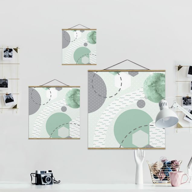 Stoffbild mit Posterleisten - Kinderteppich grafisch - Wald und Fluss - Quadrat 1:1