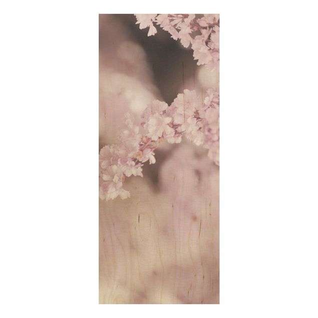 Holzbild - Kirschblüte im Violetten Licht - Hochformat