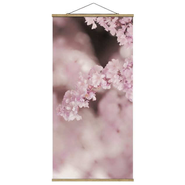 Stoffbild mit Posterleisten - Kirschblüte im Violetten Licht - Hochformat 1:2