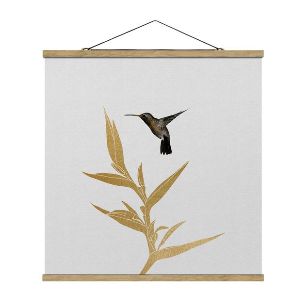 Stoffbild mit Posterleisten - Kolibri und tropische goldene Blüte II - Quadrat 1:1
