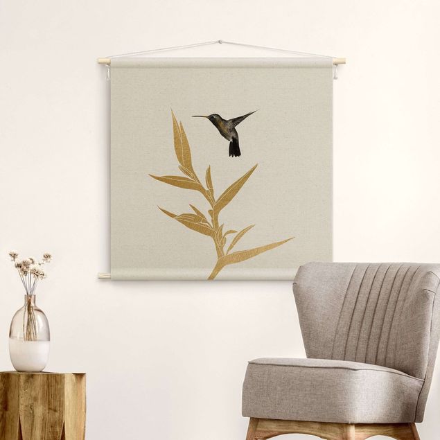 Wandbehang Kunst Kolibri und tropische goldene Blüte II