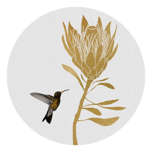 Runde Tapete selbstklebend - Kolibri und tropische goldene Blüte