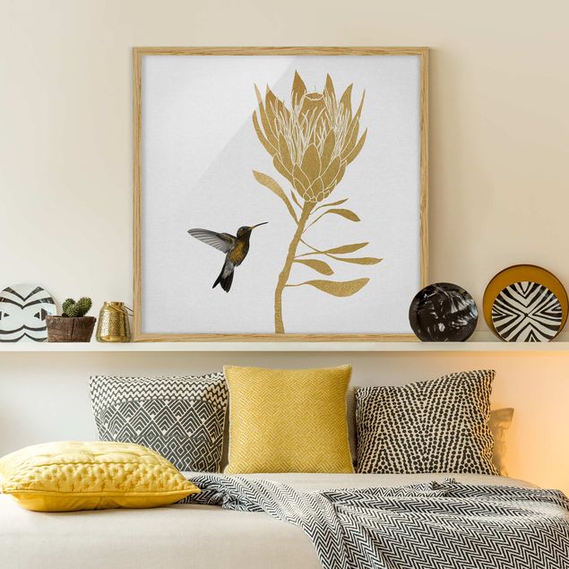 Bild mit Rahmen - Kolibri und tropische goldene Blüte - Quadrat