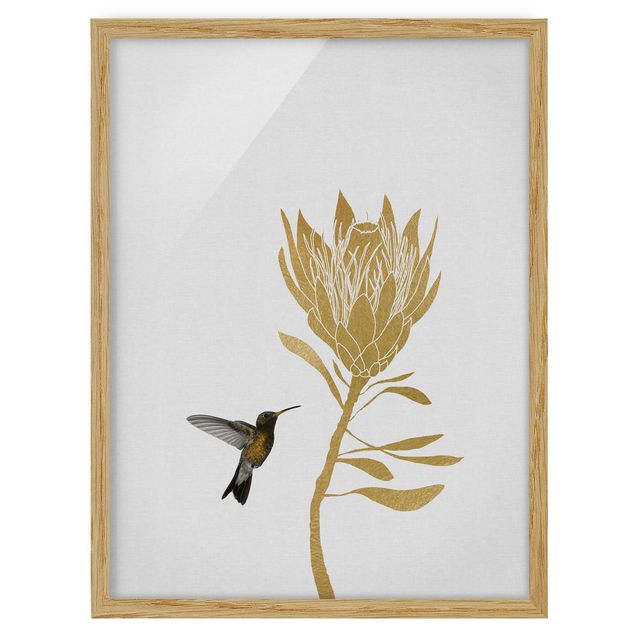 Bild mit Rahmen - Kolibri und tropische goldene Blüte - Hochformat