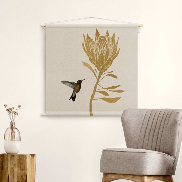 Wandteppich Kunst Kolibri und tropische goldene Blüte