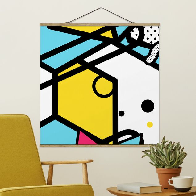 Stoffbild mit Posterleisten - Komposition Neo Memphis Gelb und Blau - Quadrat 1:1