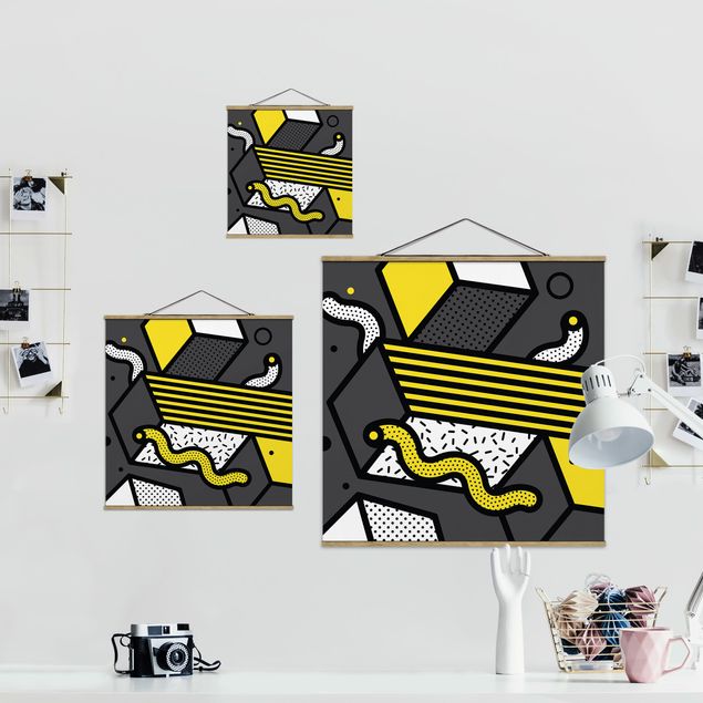 Stoffbild mit Posterleisten - Komposition Neo Memphis Gelb und Grau - Quadrat 1:1