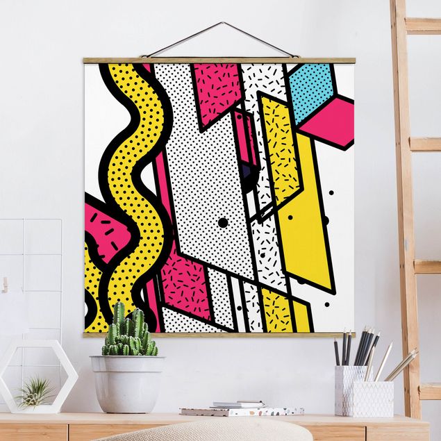 Stoffbild mit Posterleisten - Komposition Neo Memphis Pink und Gelb - Quadrat 1:1