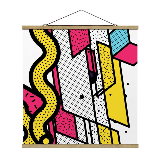 Stoffbild mit Posterleisten - Komposition Neo Memphis Pink und Gelb - Quadrat 1:1