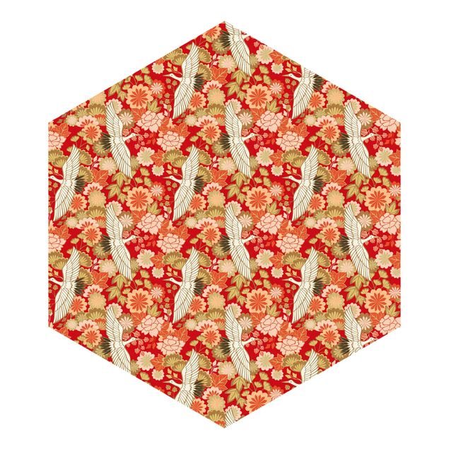 Hexagon Tapete selbstklebend - Kraniche und Chrysanthemen Rot