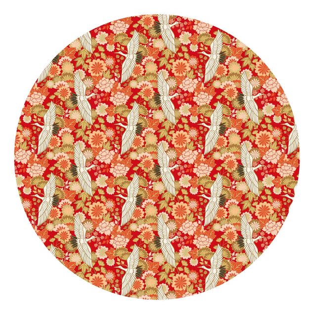 Runde Tapete selbstklebend - Kraniche und Chrysanthemen Rot