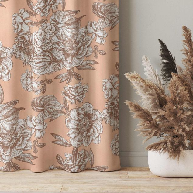Vorhänge mit Muster Kupferstich Blütenbouquet