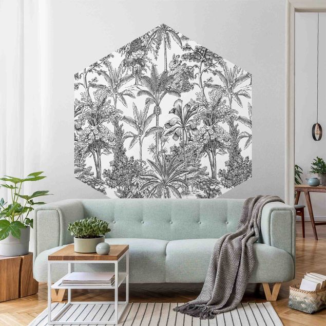 Hexagon Mustertapete selbstklebend - Kupferstichanmutung - Tropische Palmen