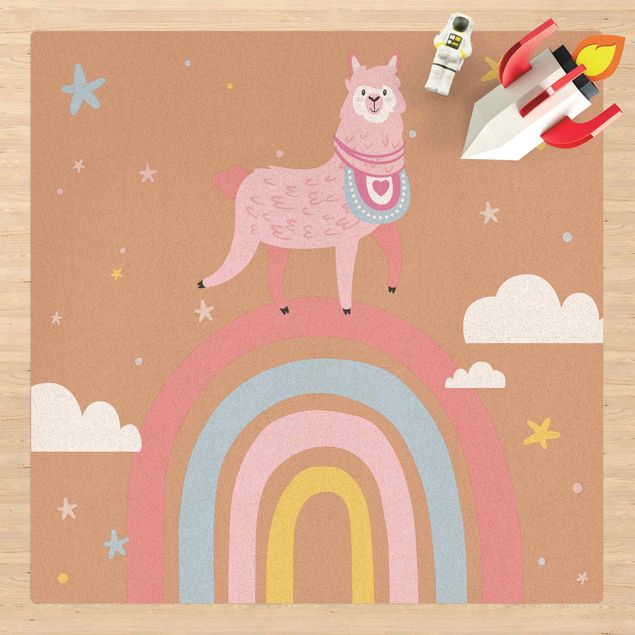 Teppich Regenbogen Lama auf Regenbogen mit Sternen und Pünktchen